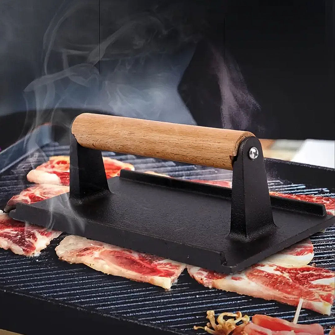 SOGA Cast Iron Bacon Meat Steak Press Grill BBQ with Wood Handle Weight Plate • LUZ-ZPaiA9