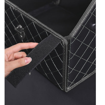 SOGA Leather Car Boot Collapsible Foldable Trunk Cargo Organizer Portable Storage Box Black/White Stitch with Lock Large • LUZ-StorageBLK388