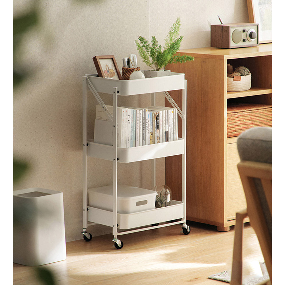 SOGA 3 Tier Steel White Foldable Kitchen Cart Multi-Functional Shelves Portable Storage Organizer with Wheels • LUZ-KitchenXY012