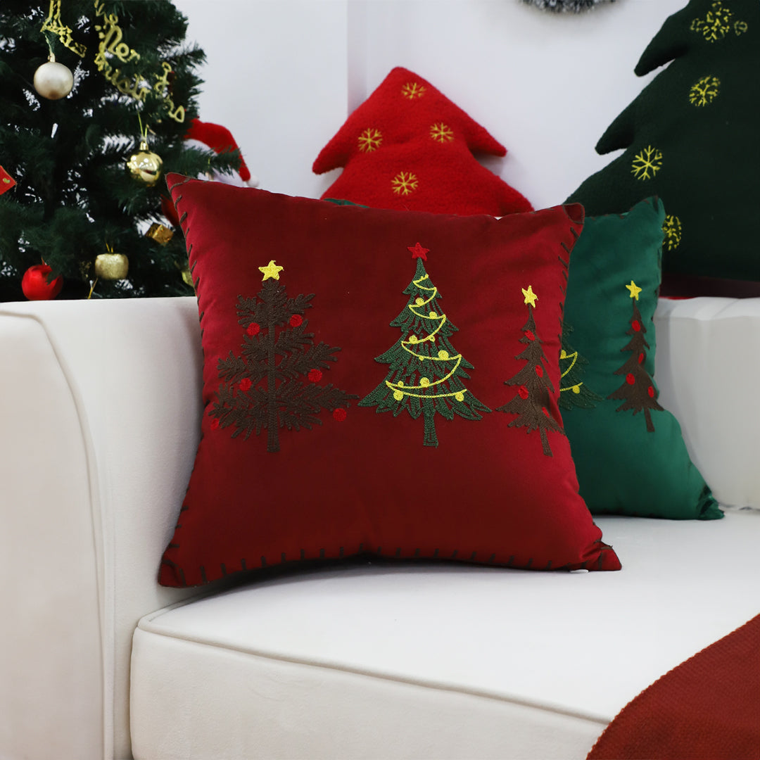 SOGA 2X 45cm Burgundy Red Throw Pillow with Three Embroidered Christmas Trees Festive Holiday Square Cushion Home Decor LUZ-FrenchCushion272X2