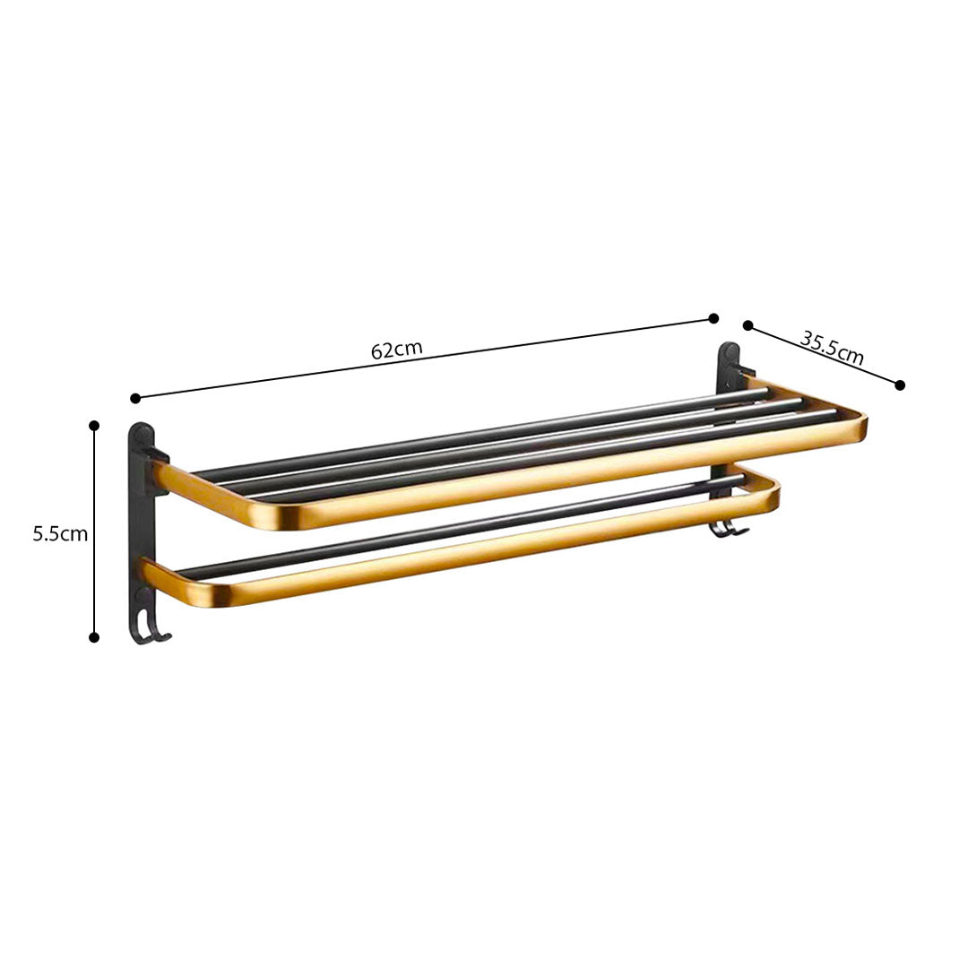 SOGA 62cm Wall-Mounted Double Pole Towel Holder Bathroom Organiser Rail Hanger with Hooks • LUZ-TAN1012