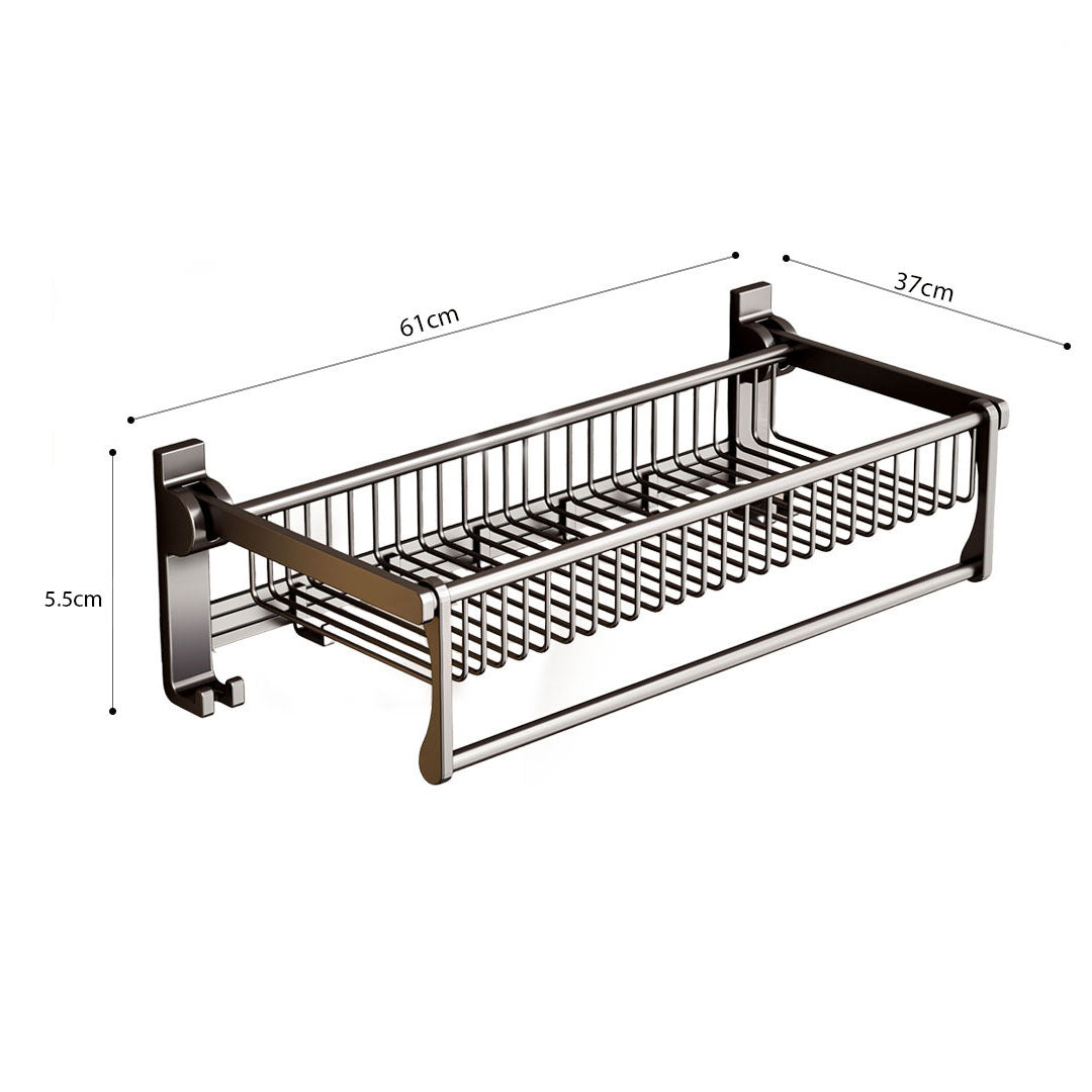 SOGA 2X 61cm Gray Wall-Mounted Double Pole Towel Holder Bathroom Organiser Rail Hanger with Hooks LUZ-TAN1016X2