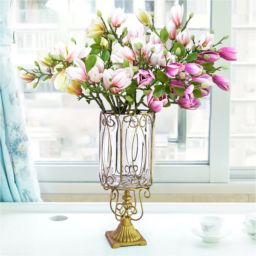 SOGA Clear Glass Cylinder Flower Vase with 6 Bunch 4 Heads Artificial Fake Silk Magnolia denudata Home Decor Set • LUZ-YG3015-F007