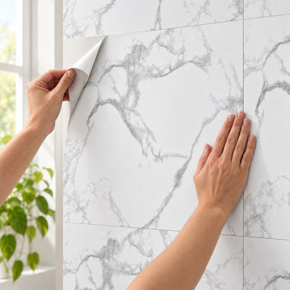 SOGA Peel & Stick Floor and Wall Tiles 60 x 60cm 10 Pack White Grey Faux Marble • LUZ-TileCZA054Lge