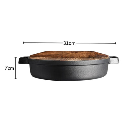 SOGA 31cm Round Cast Iron Pre-seasoned Deep Baking Pizza Frying Pan Skillet with Wooden Lid • LUZ-ZPaiC2