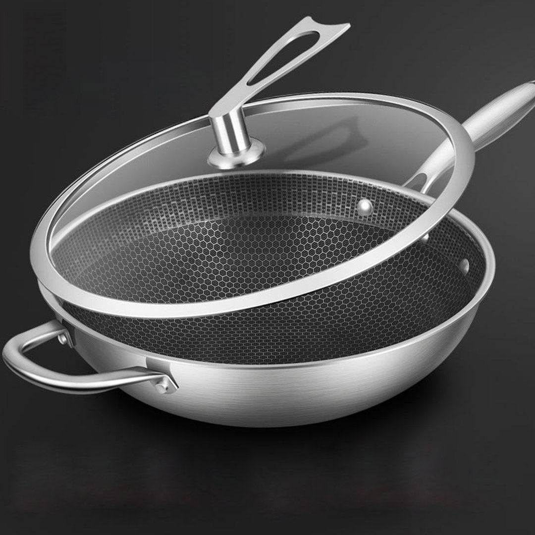 SOGA 34cm Stainless Steel Tri-Ply Frying Cooking Fry Pan Textured Non Stick Skillet with Glass Lid and Helper Handle • LUZ-FryPanTRIFPYZ34