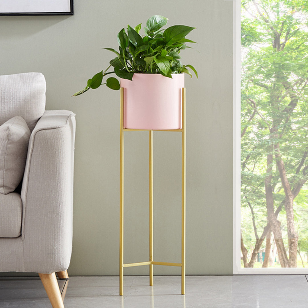 SOGA 4X 2 Layer 60cm Gold Metal Plant Stand with Pink Flower Pot Holder Corner Shelving Rack Indoor Display • LUZ-FPotH62PNKX4