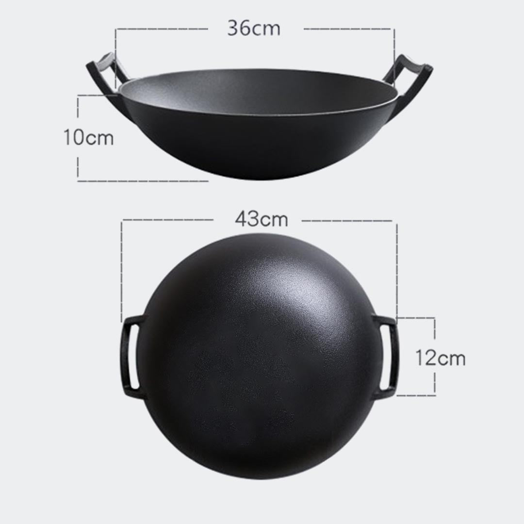 SOGA 2X 36CM Commercial Cast Iron Wok FryPan with Wooden Lid Fry Pan • LUZ-ZPaiB1X2