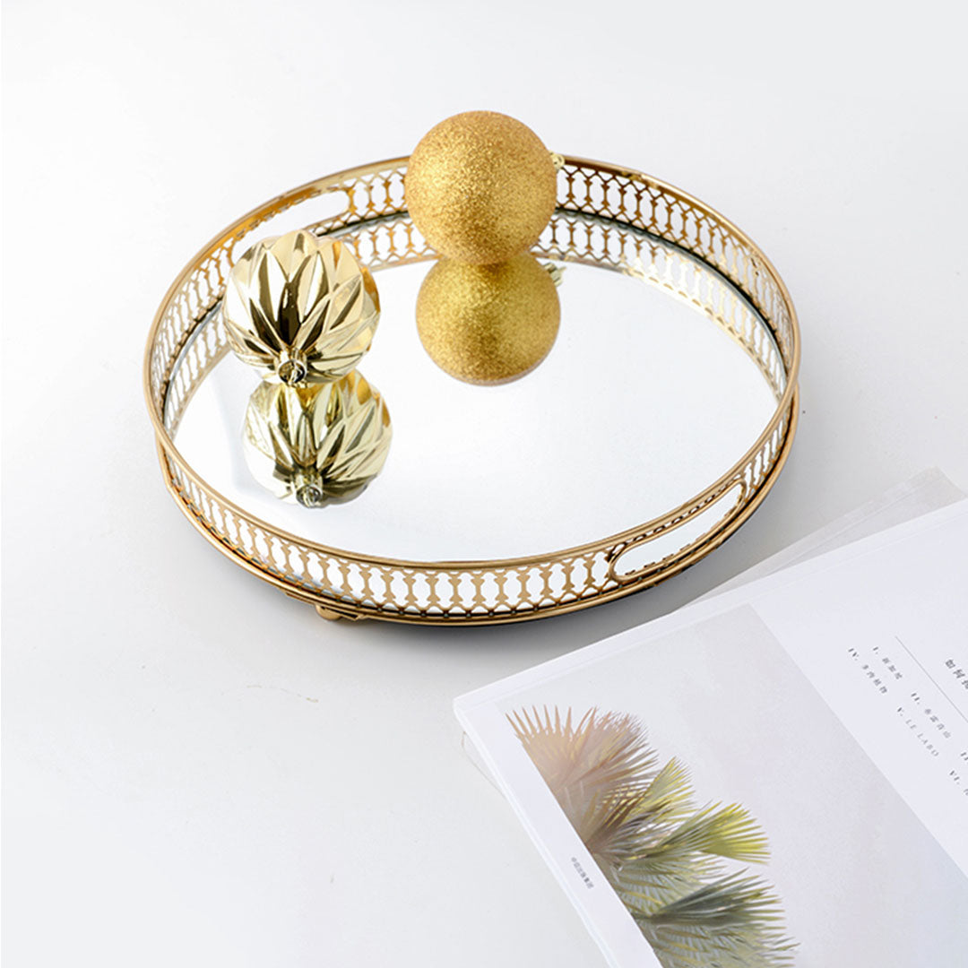 SOGA 32cm Gold Round Ornate Mirror Glass Metal Tray Vanity Makeup Perfume Jewelry Organiser with Handles • LUZ-PlateHJ1184