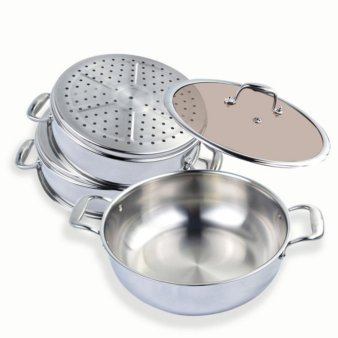 SOGA 3 Tier 32cm Heavy Duty Stainless Steel Food Steamer Vegetable Pot Stackable Pan Insert with Glass Lid • LUZ-SteamerTRISTQ32