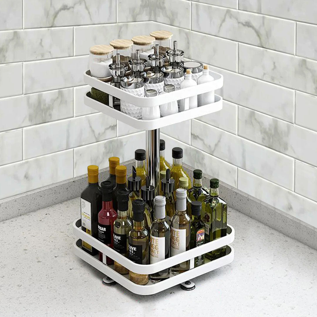 SOGA 2X 2 Tier Steel White Square Rotating Multi-Function Kitchen Portable Storage Spice Seasoning Kitchen Countertop Organiser Shelf • LUZ-KitchenXY053WHTX2