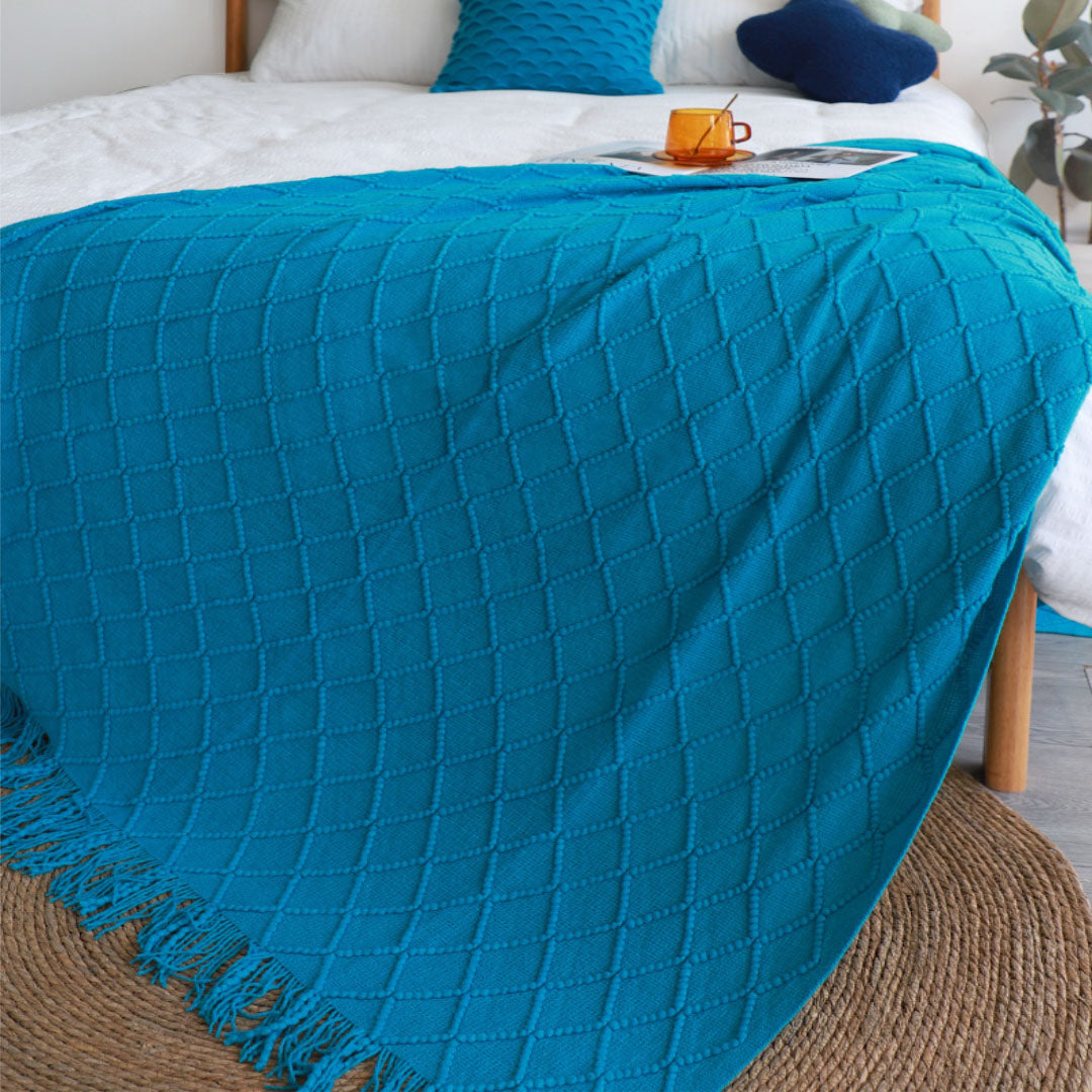 SOGA Blue Diamond Pattern Knitted Throw Blanket Warm Cozy Woven Cover Couch Bed Sofa Home Decor with Tassels • LUZ-Blanket904