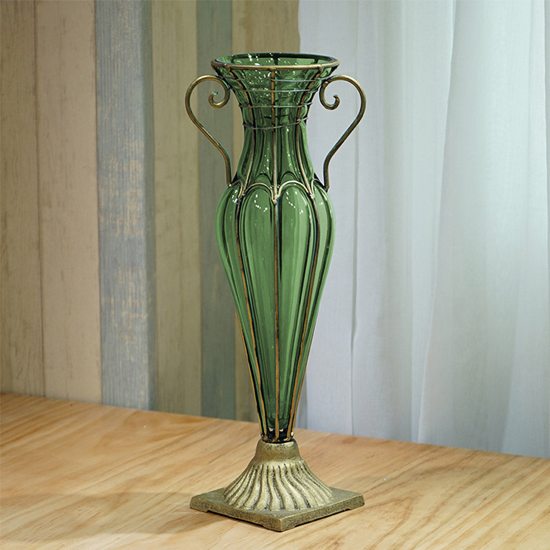 SOGA Green Colored European Glass Flower Vase Solid Base with Two Gold Metal Handle • LUZ-HO-VaseYG1885G