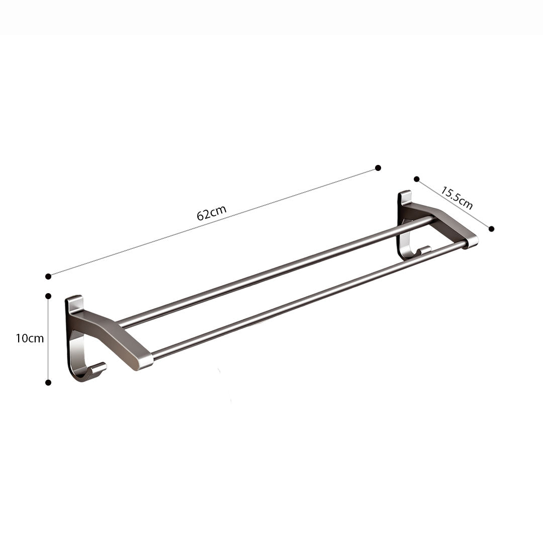 SOGA 62cm Gray Wall-Mounted Double Pole Towel Holder Bathroom Organiser Rail Hanger with Hooks • LUZ-TAN1018