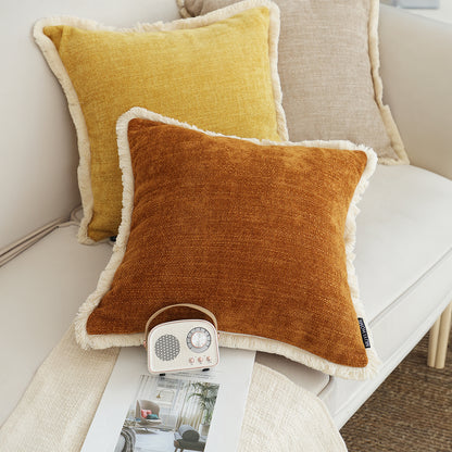 SOGA 45cm Throw Pillow Sunset Orange Chenille Textured with Tassels Stylish Square Cozy Home Decor • LUZ-FrenchCushion279