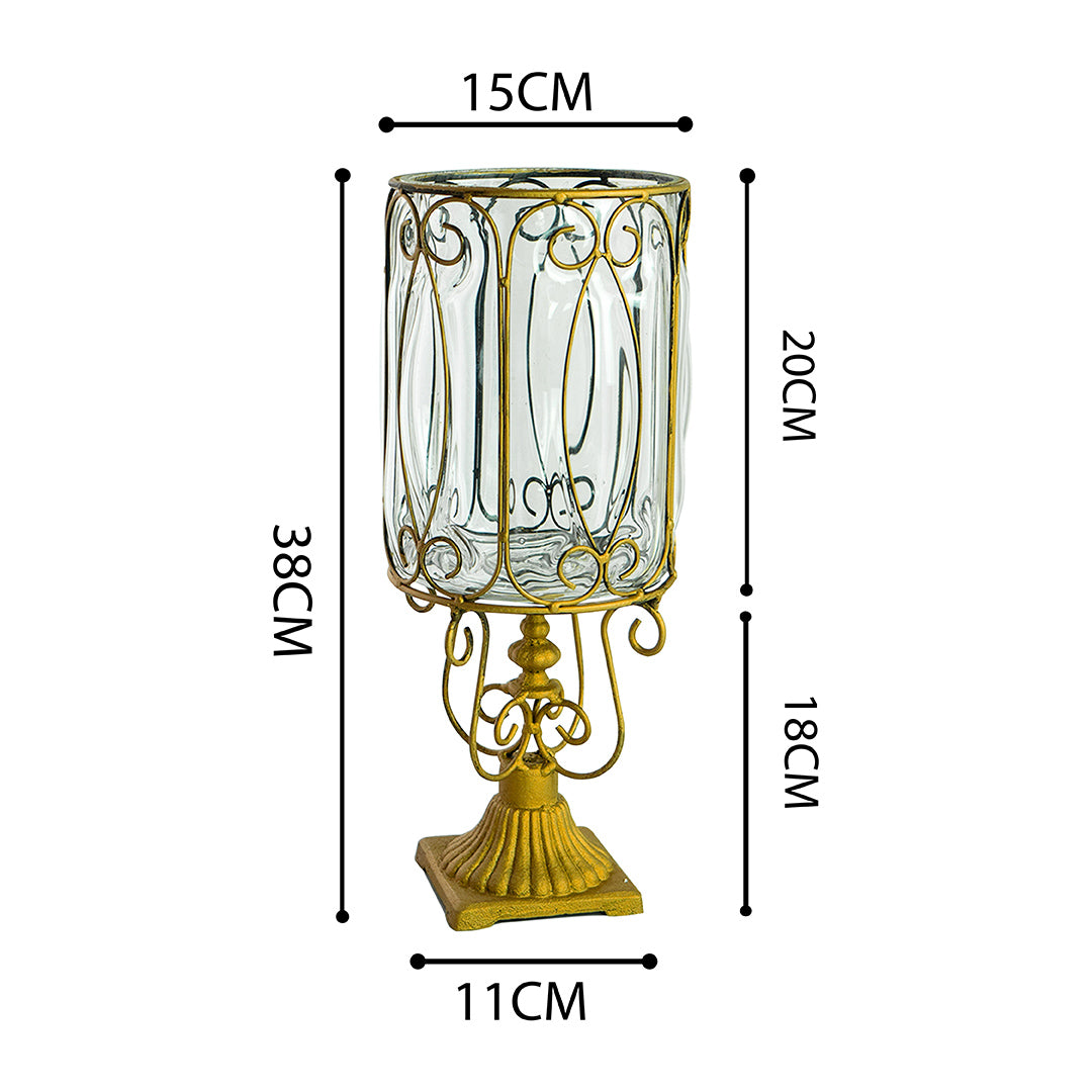 SOGA European Clear Glass Cylinder Flower Vase Solid Base with Gold Metal Pattern • LUZ-HO-VaseYG3015
