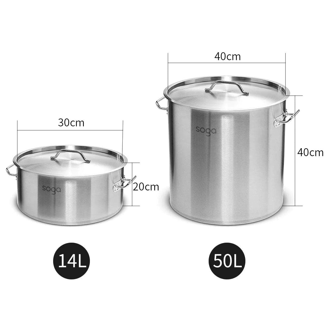 SOGA 14L Wide Stock Pot  and 50L Tall Top Grade Thick Stainless Steel Stockpot 18/10 • LUZ-StockPot14L-40CM
