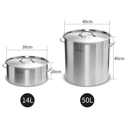 SOGA 14L Wide Stock Pot  and 50L Tall Top Grade Thick Stainless Steel Stockpot 18/10 • LUZ-StockPot14L-40CM