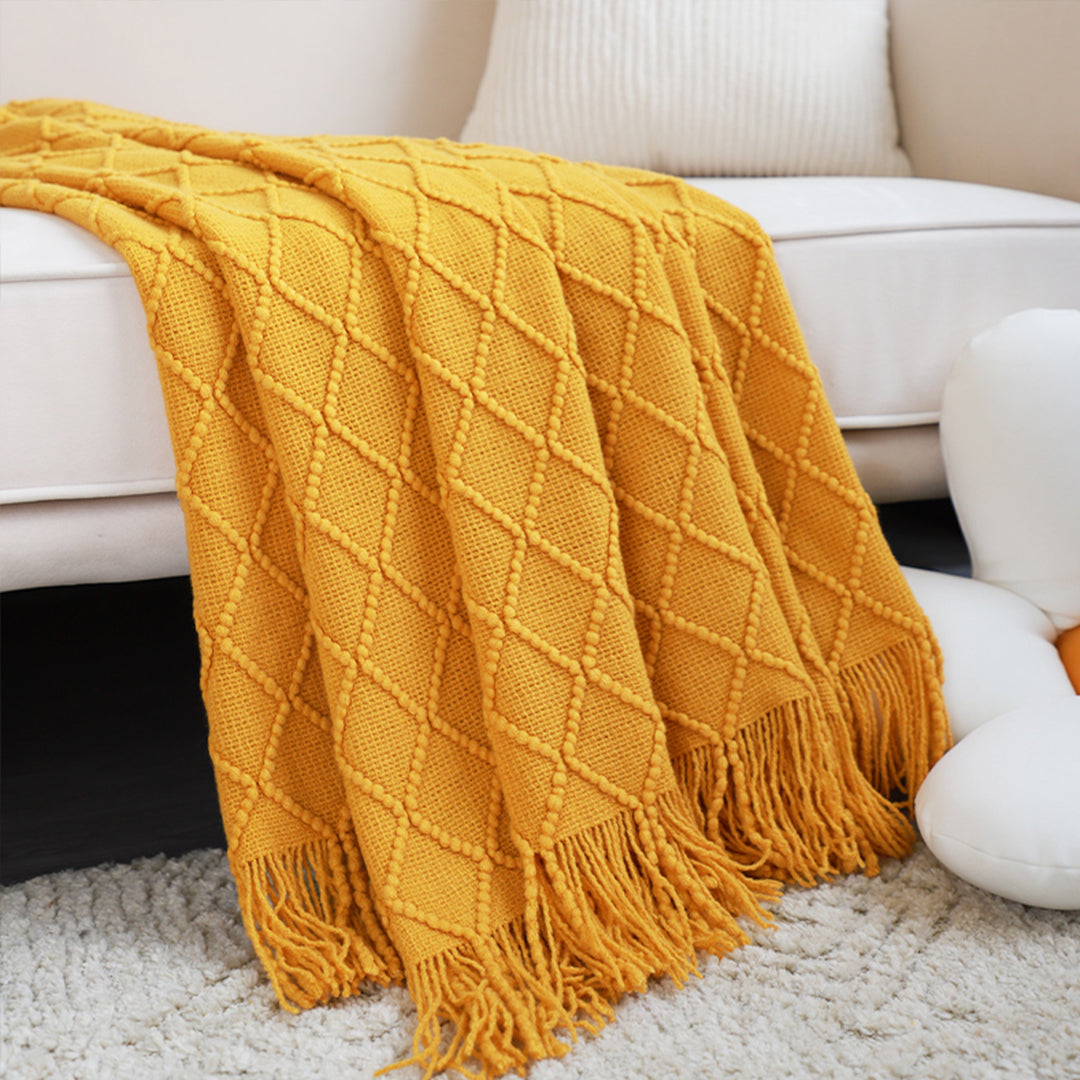 SOGA 2X Yellow Diamond Pattern Knitted Throw Blanket Warm Cozy Woven Cover Couch Bed Sofa Home Decor with Tassels • LUZ-Blanket901X2