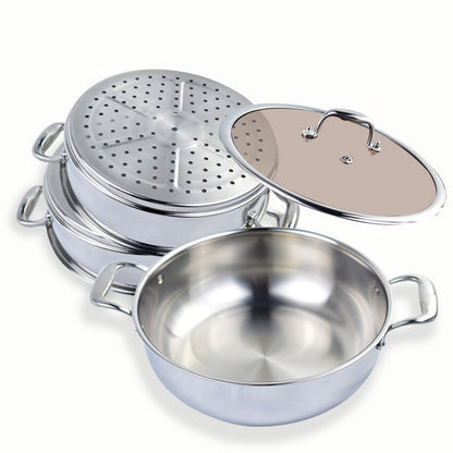 SOGA 3 Tier 30cm Heavy Duty Stainless Steel Food Steamer Vegetable Pot Stackable Pan Insert with Glass Lid • LUZ-SteamerTRISTQ30