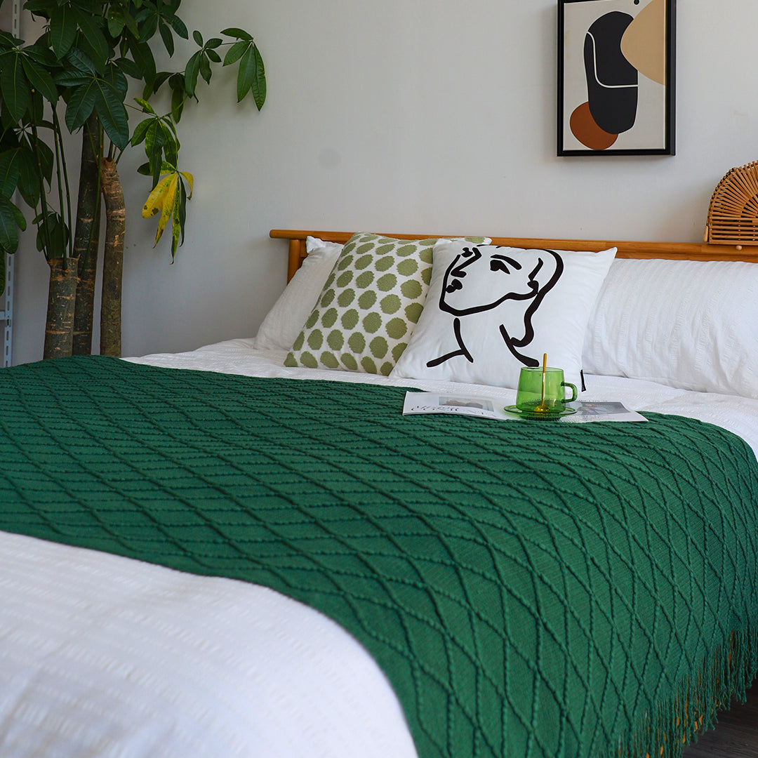 SOGA Green Diamond Pattern Knitted Throw Blanket Warm Cozy Woven Cover Couch Bed Sofa Home Decor with Tassels • LUZ-Blanket903