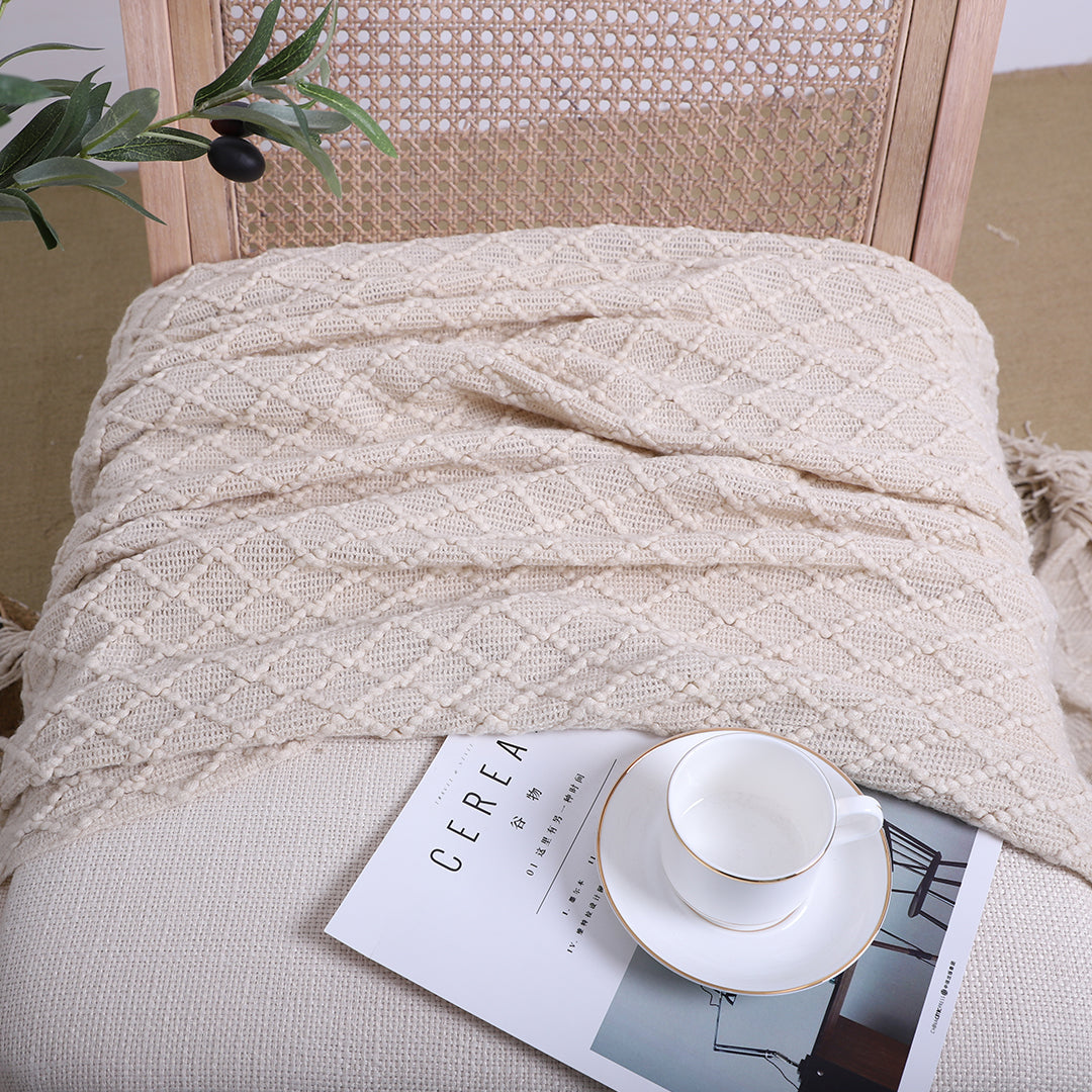 SOGA Beige Diamond Pattern Knitted Throw Blanket Warm Cozy Woven Cover Couch Bed Sofa Home Decor with Tassels • LUZ-Blanket922