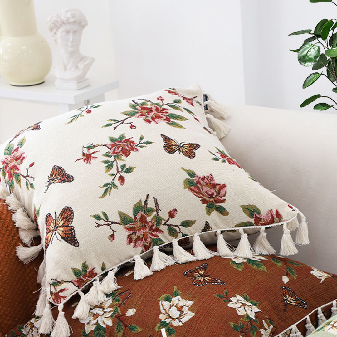 SOGA 2X 45cm Creamy White French Vintage Butterfly Loves Flowers Tassel Throw Pillow • LUZ-FrenchCushion250X2