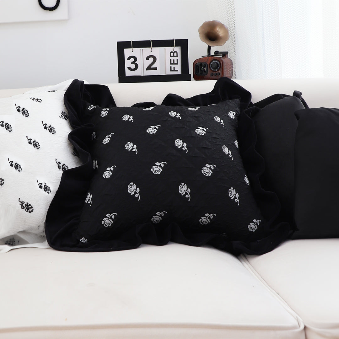 SOGA 2X 45cm Throw Pillow Black Ruffled Square Decorative Cushion for Rose Lovers Cozy Home Decor • LUZ-FrenchCushion307X2