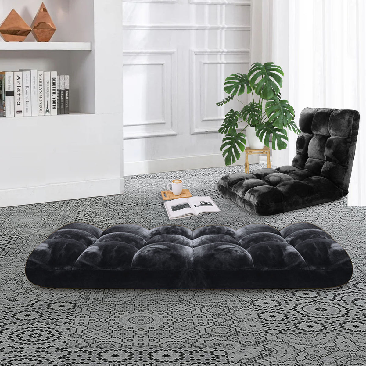 SOGA Floor Recliner Folding Lounge Sofa Futon Couch Folding Chair Cushion Black • LUZ-LoungeChairBlack