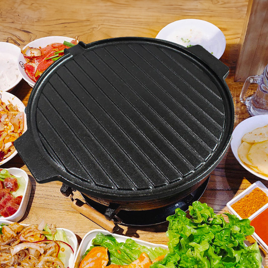 SOGA 2X 30CM Round Cast Iron Korean BBQ Grill Plate with Handles and Drip Lip • LUZ-ZPai045X2