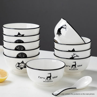SOGA White Antler Printed Ceramic Dinnerware Set Crockery Soup Bowl Plate Server Kitchen Home Decor Set of 13 • LUZ-BowlG772