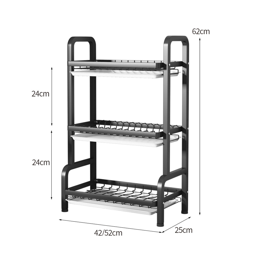 SOGA 3 Tier 62cm Steel Black Kitchen Countertop Drying Rack Dish Plate Cutlery Cutting Board Holder Dish Drainer Kitchen Organiser • LUZ-KitchenXY049AA