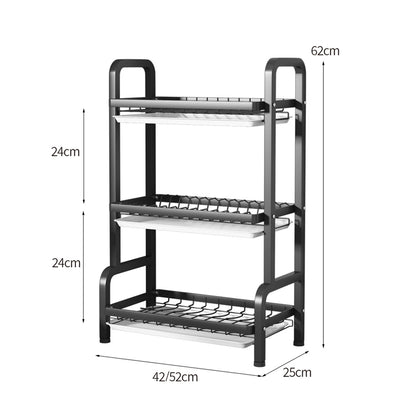SOGA 3 Tier 62cm Steel Black Kitchen Countertop Drying Rack Dish Plate Cutlery Cutting Board Holder Dish Drainer Kitchen Organiser • LUZ-KitchenXY049AA