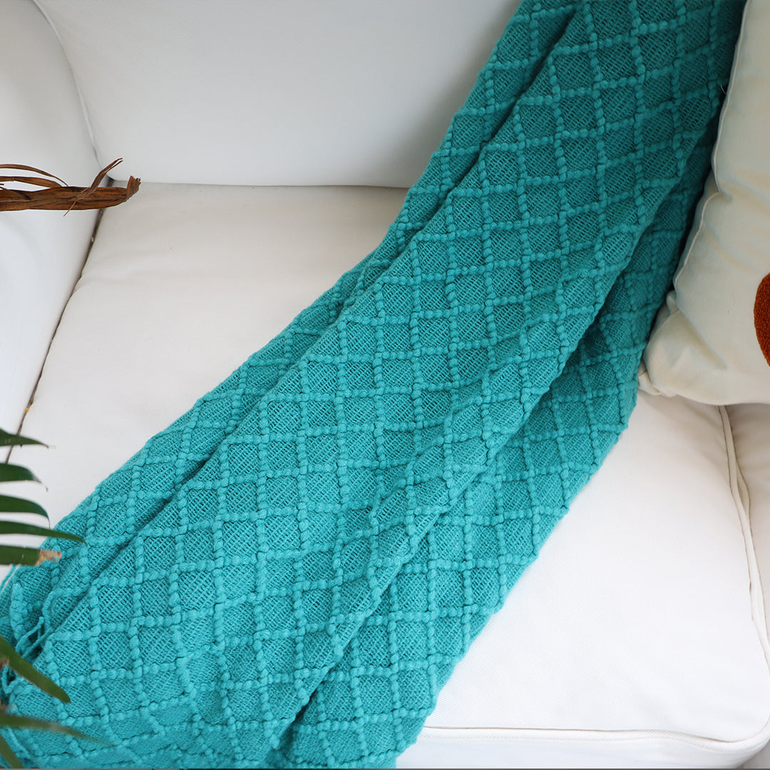 SOGA 2X Teal Diamond Pattern Knitted Throw Blanket Warm Cozy Woven Cover Couch Bed Sofa Home Decor with Tassels • LUZ-Blanket923X2