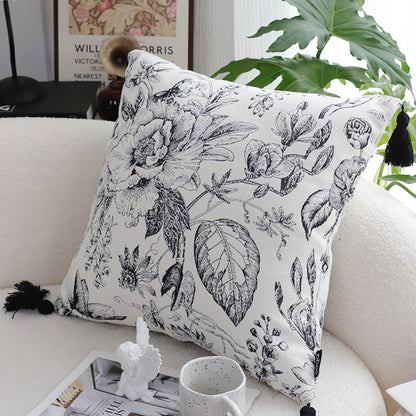 SOGA 50cm Throw Pillow  Black and White Elegant Floral Print with Tassel Accents Home Decor • LUZ-FrenchCushion341