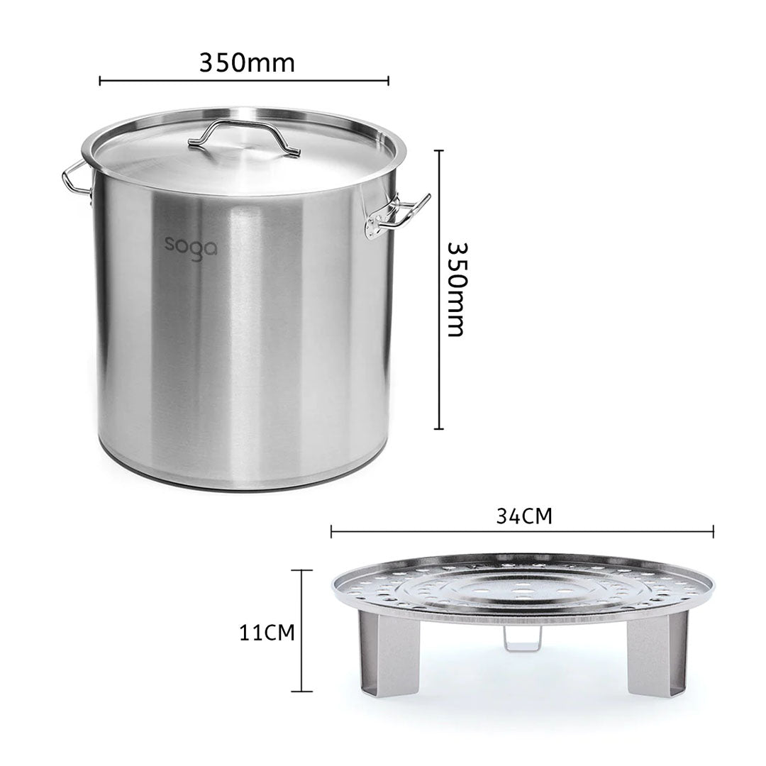 SOGA 33L Stainless Steel Stock Pot with Two Steamer Rack Insert Stockpot Tray • LUZ-StockPot35CM-2XRack34CM