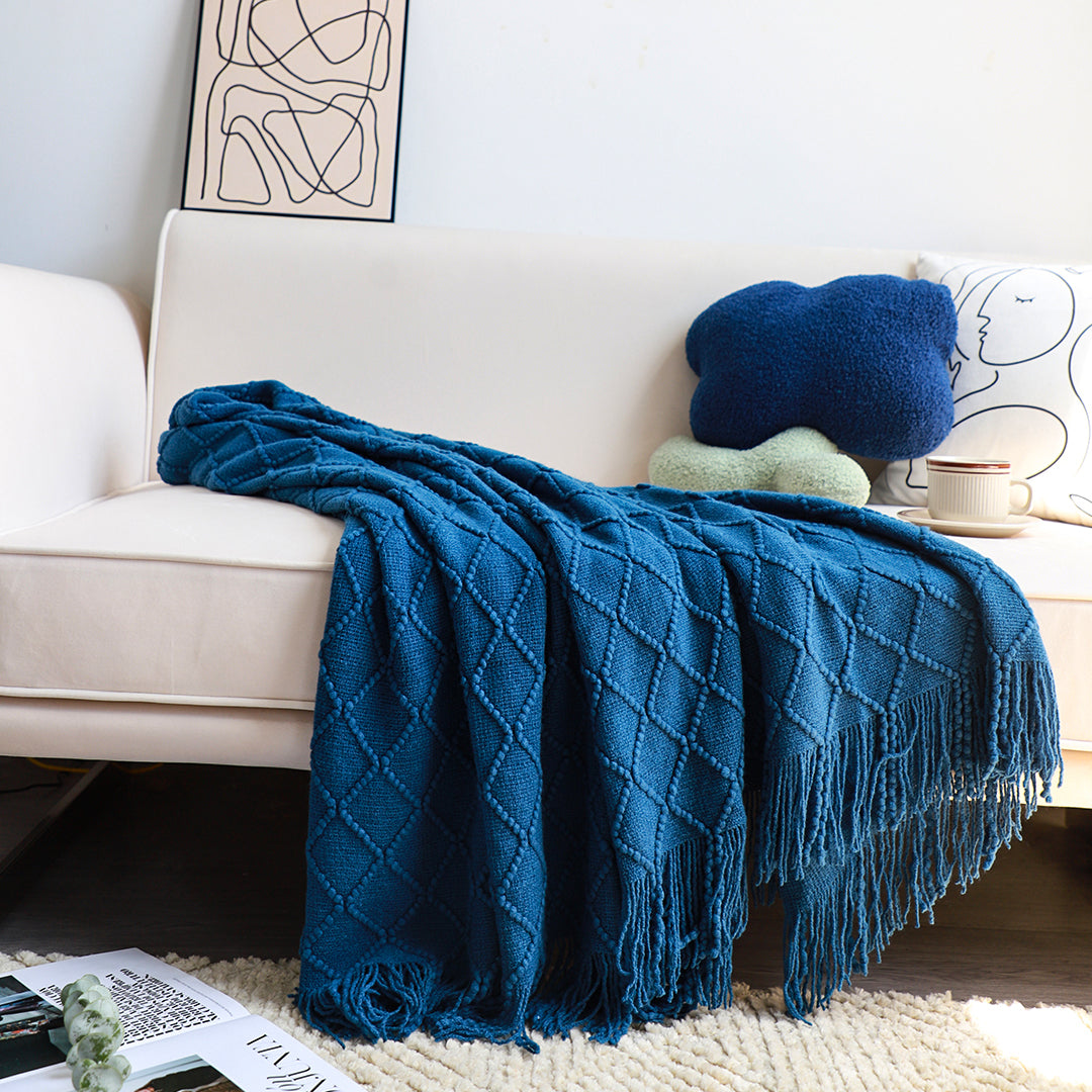 SOGA Royal Blue Diamond Pattern Knitted Throw Blanket Warm Cozy Woven Cover Couch Bed Sofa Home Decor with Tassels • LUZ-Blanket902