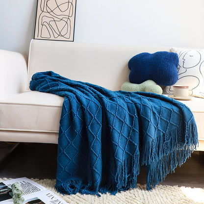 SOGA Royal Blue Diamond Pattern Knitted Throw Blanket Warm Cozy Woven Cover Couch Bed Sofa Home Decor with Tassels • LUZ-Blanket902
