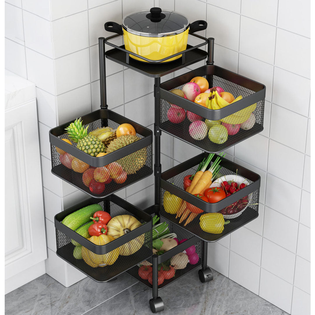 SOGA 5 Tier Steel Square Rotating Kitchen Cart Multi-Functional Shelves Portable Storage Organizer with Wheels • LUZ-KitchenXY021
