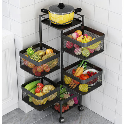 SOGA 5 Tier Steel Square Rotating Kitchen Cart Multi-Functional Shelves Portable Storage Organizer with Wheels • LUZ-KitchenXY021