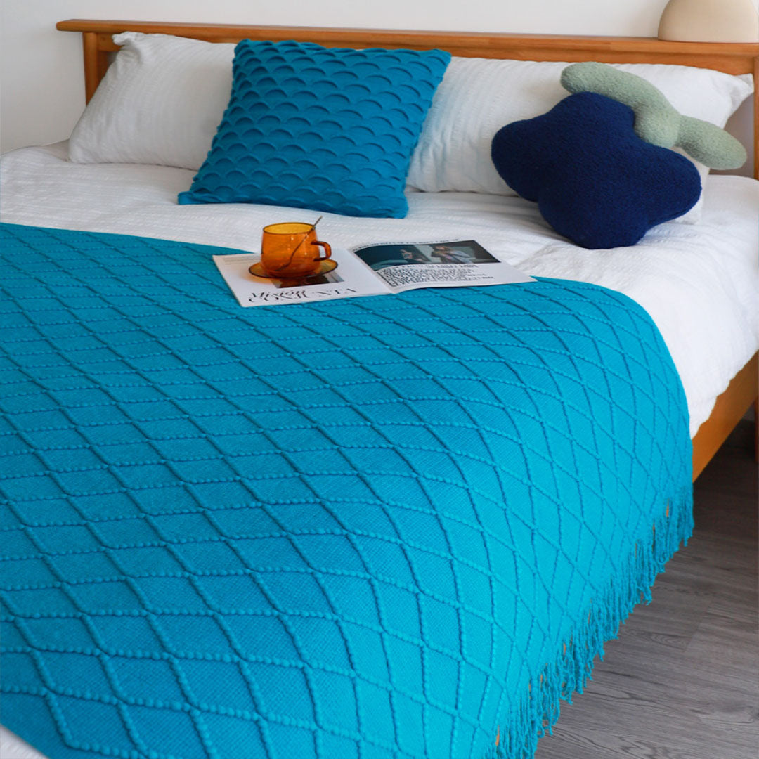 SOGA Blue Diamond Pattern Knitted Throw Blanket Warm Cozy Woven Cover Couch Bed Sofa Home Decor with Tassels • LUZ-Blanket904