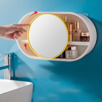 SOGA 39cm Oval Wall-Mounted Mirror Storage Box Vanity Mirror Rack Bathroom Adhesive Shelf Home Organiser Decor LUZ-BathG323