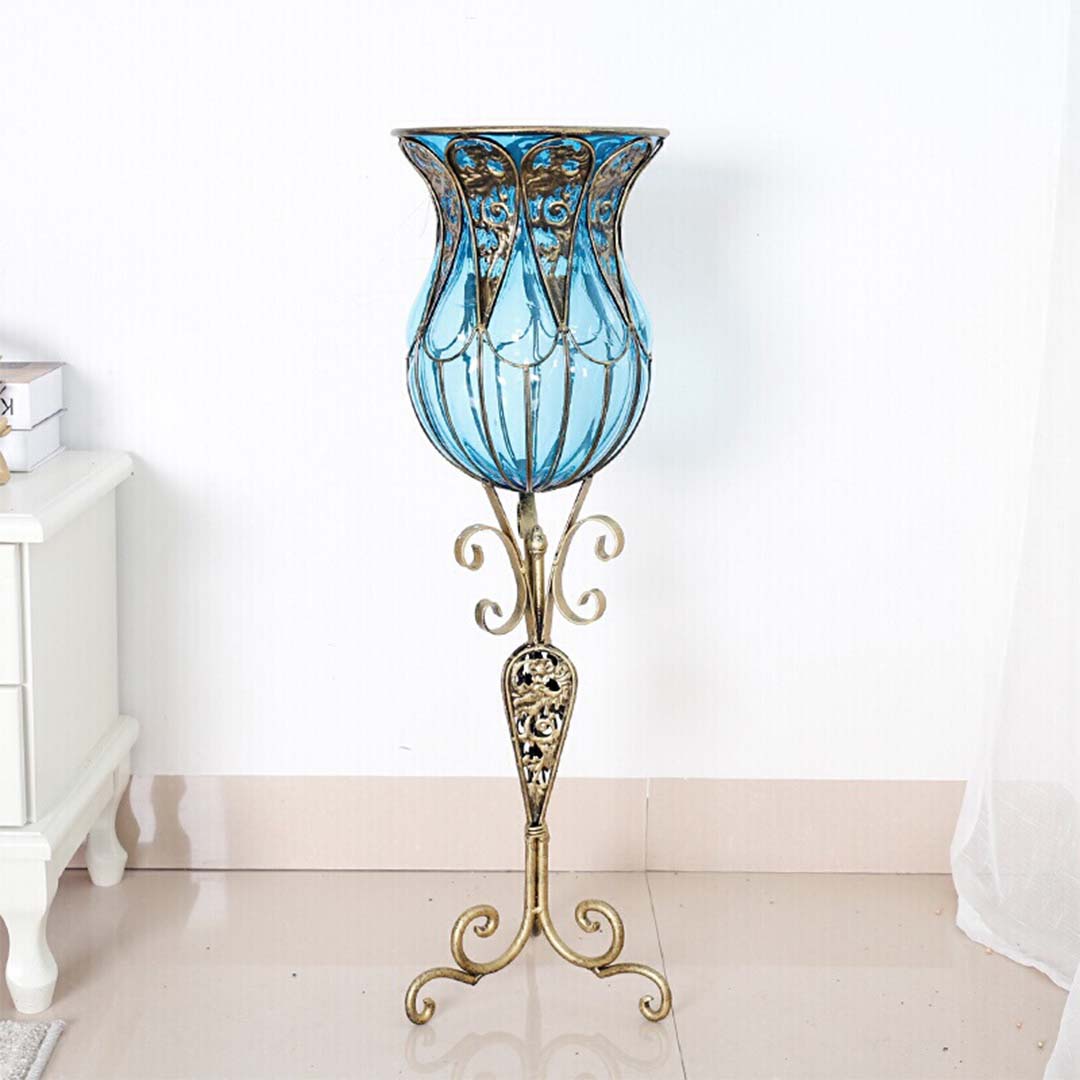SOGA 85cm Blue Glass Floor Vase with Tall Metal Flower Stand • LUZ-VaseYG3019Blue