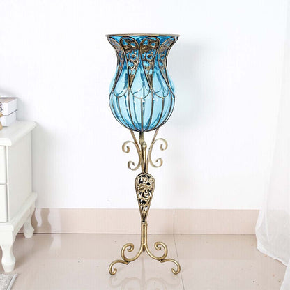 SOGA 85cm Blue Glass Floor Vase with Tall Metal Flower Stand • LUZ-VaseYG3019Blue