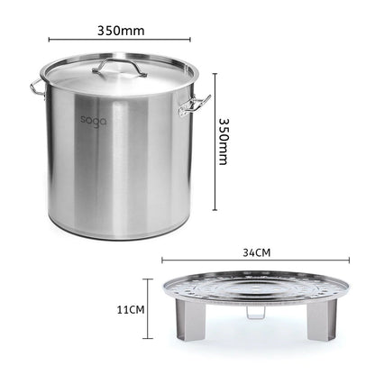 SOGA 33L Stainless Steel Stock Pot with One Steamer Rack Insert Stockpot Tray • LUZ-StockPot35CM-1XRack34CM