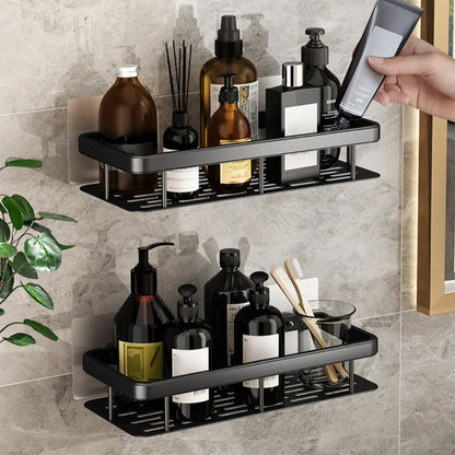 SOGA 2X Black Wall-Mounted Rectangular Bathroom Storage Organiser Space Saving Adhesive Shelf Rack LUZ-TAN1004X2