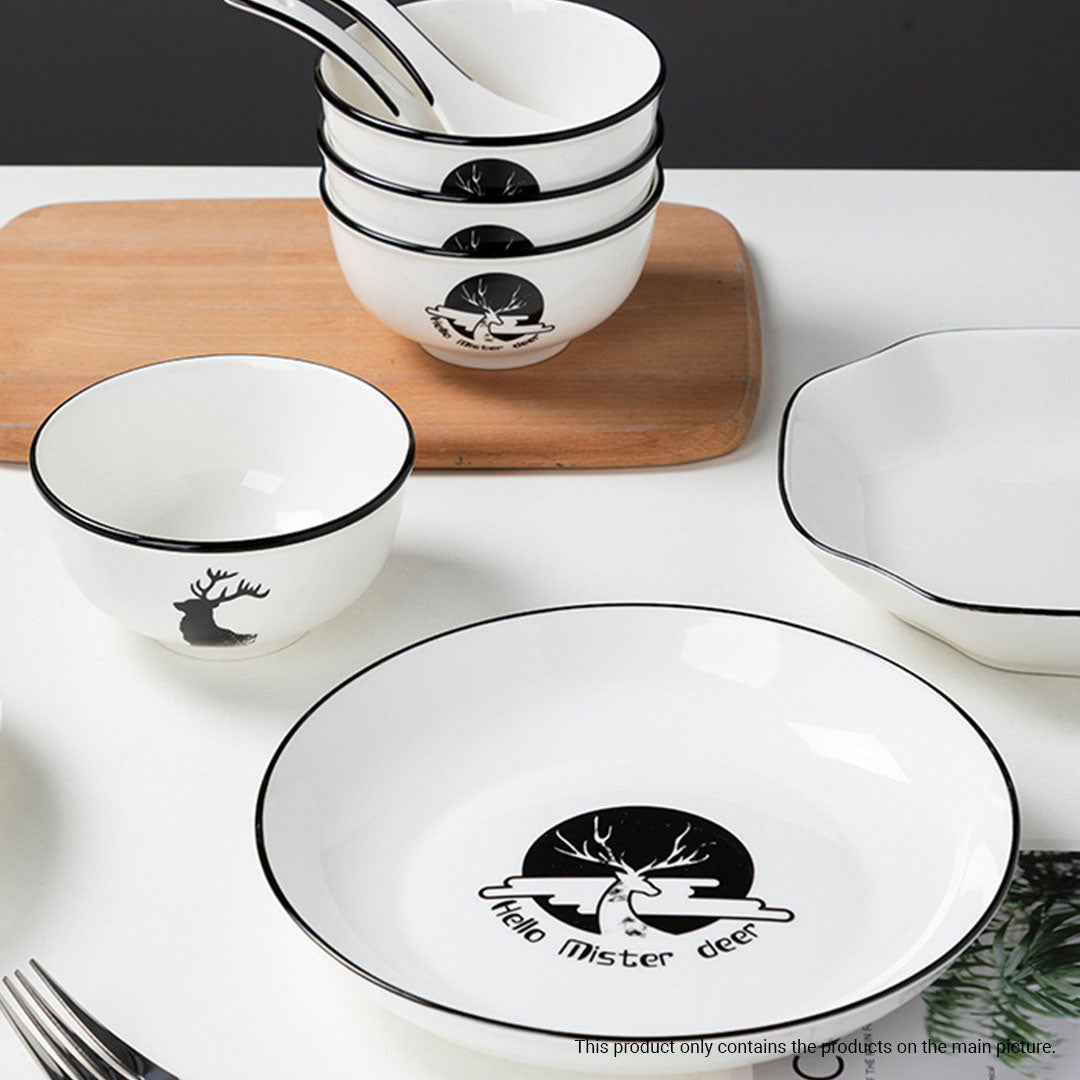 SOGA White Antler Printed Ceramic Dinnerware Set Crockery Soup Bowl Plate Server Kitchen Home Decor Set of 13 • LUZ-BowlG771