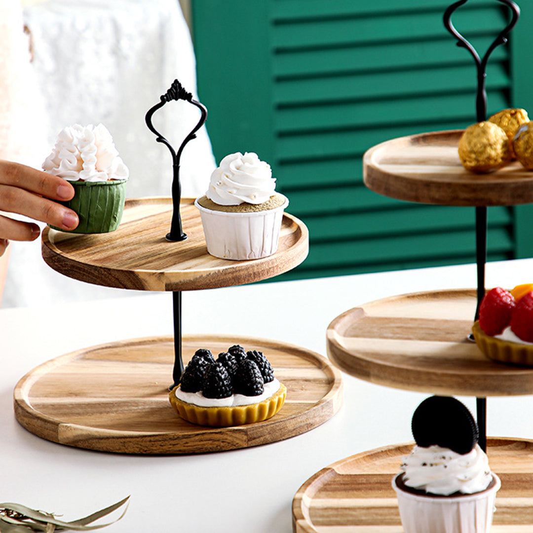 SOGA 2X 20cm 2 Tier Brown  Round Wooden Acacia  Dessert Tray Cake Snacks Cupcake Stand Buffet Serving Countertop Decor • LUZ-WodC238X2