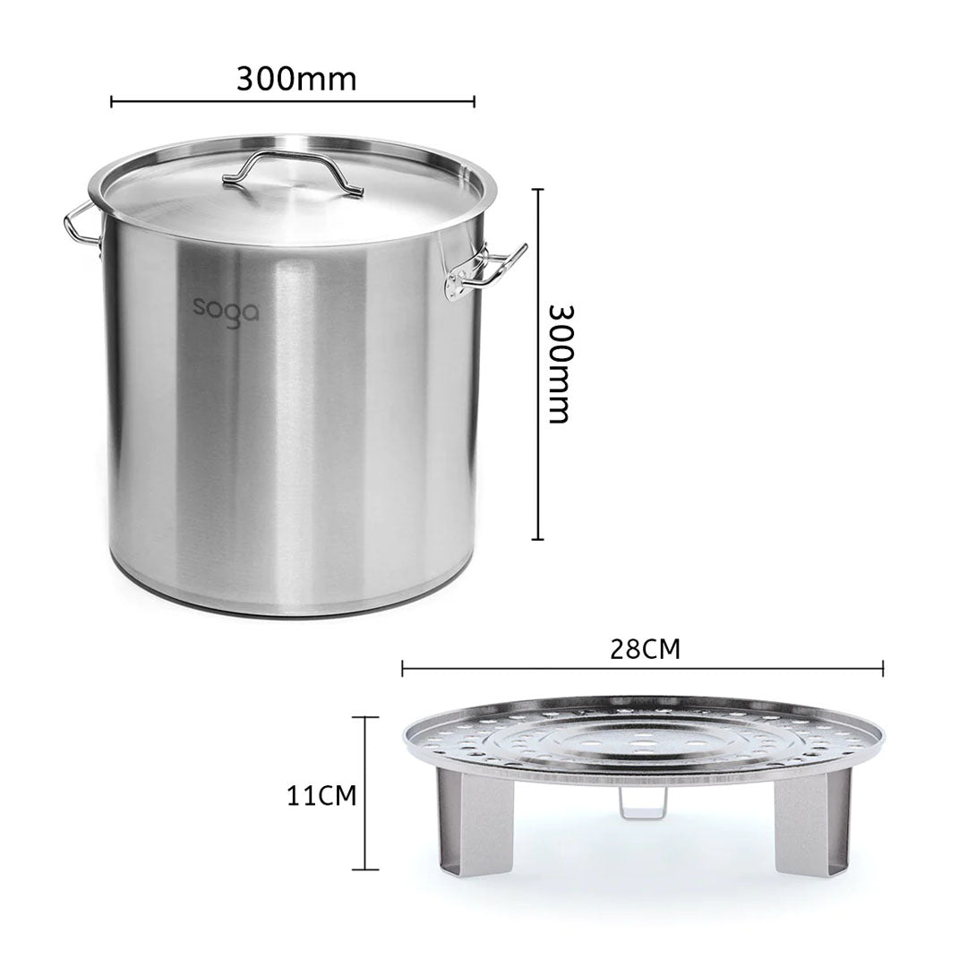 SOGA 21L Stainless Steel Stock Pot with Two Steamer Rack Insert Stockpot Tray • LUZ-StockPot30CM-2XRack28CM