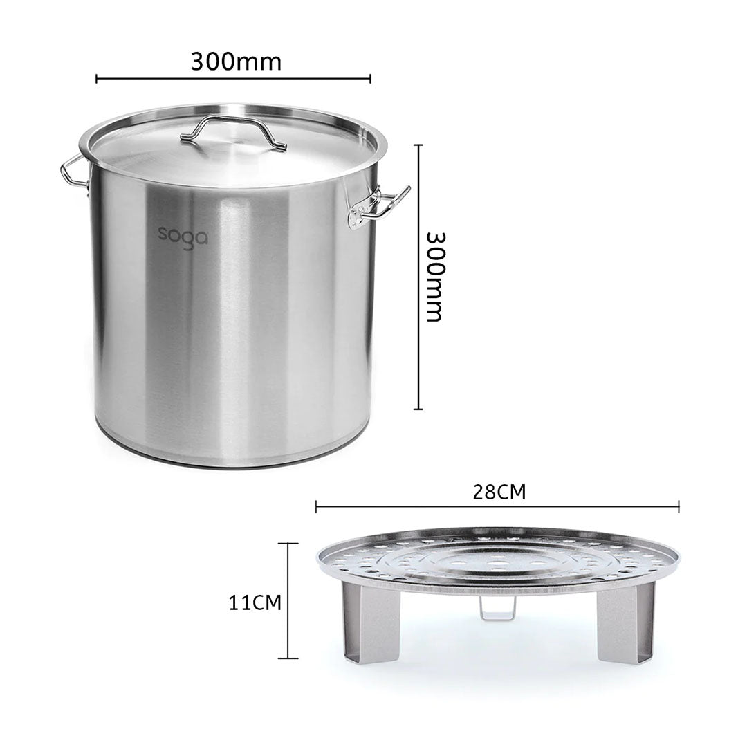 SOGA 21L Stainless Steel Stock Pot with One Steamer Rack Insert Stockpot Tray • LUZ-StockPot30CM-1XRack28CM